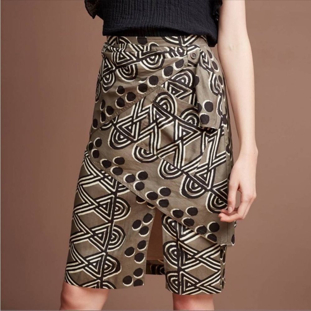 ⛔️SOLD⛔️Anthropologie Maeve Edessa Linen Brown Tribal Print Sarong Wrap Skirt Si - Picture 4 of 12